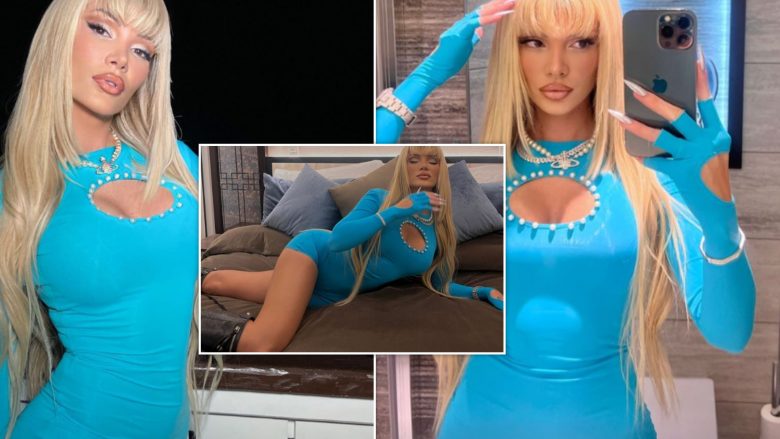 era-istrefi-me-poza-terheqese-ne-fustanin-e-shkurter-blu